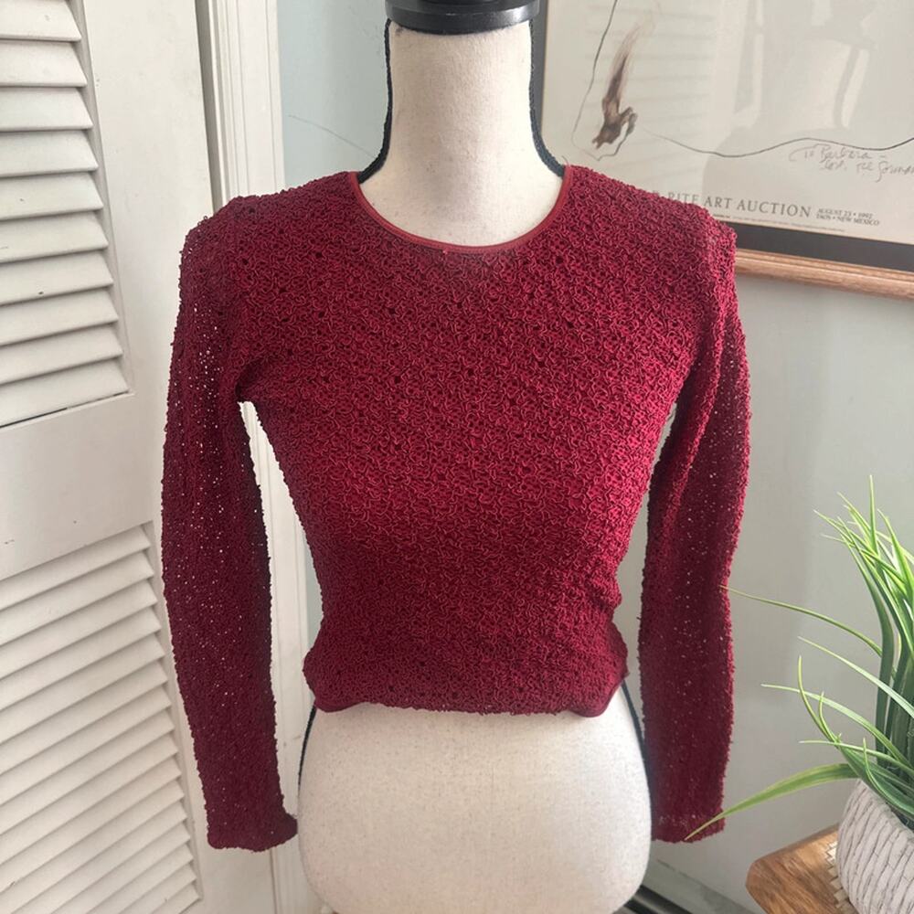 Vintage Ann Taylor Top Womens Medium Red Textured Fitted Retro 90s Minimalist